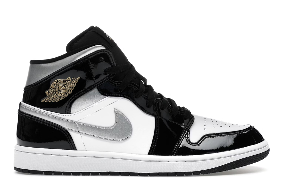 Nike Air Jordan 1 Mid "Patent Black White Metallic Silver"